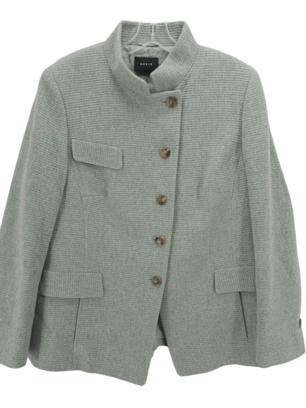 AKRIS 100% Cashmere Jacket Ribbed Ottoman Knit Light Gray Pale Green US 16